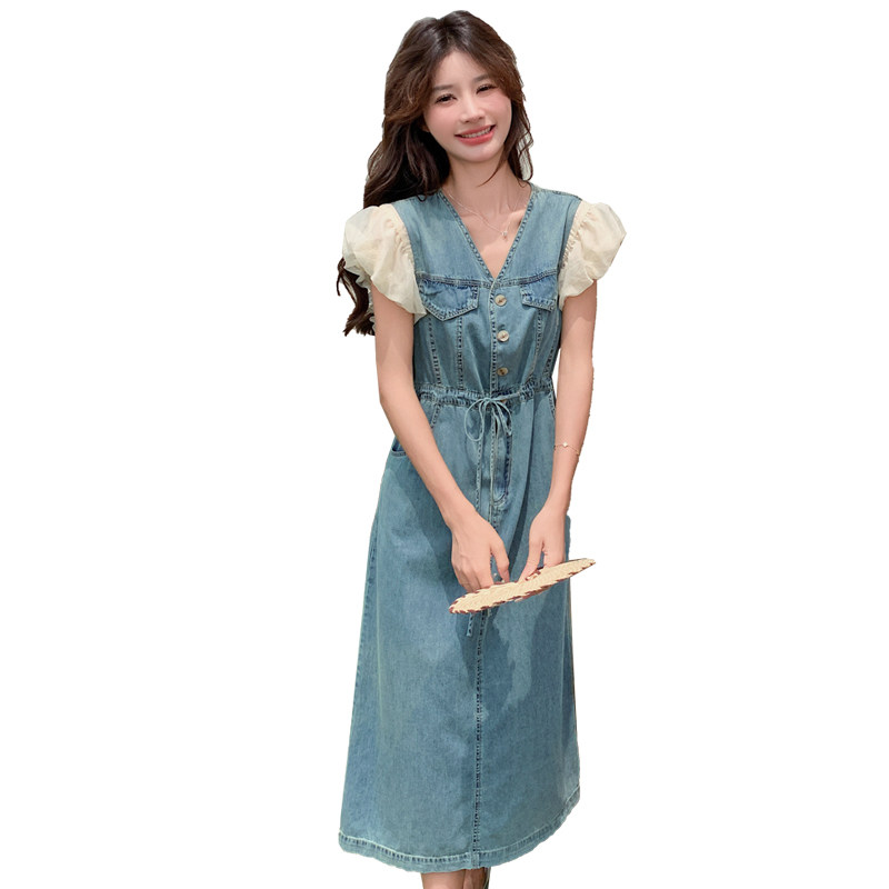 法式气质泡泡袖拼接v领连衣裙女2025夏季新款韩版收腰显瘦牛仔裙,女装连衣裙,2C111