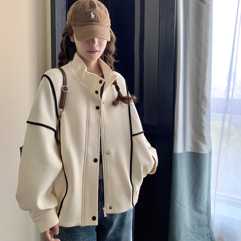 米白色立领拼接棒球服外套女2025春季新款chic学院风减龄夹克上衣,女装短外套,2C111