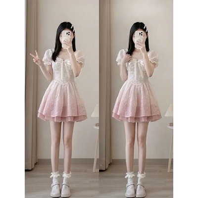 甜美公主蓬蓬伪娘cd变装连衣裙夏季法式男扮女装大佬收腰纯欲裙子