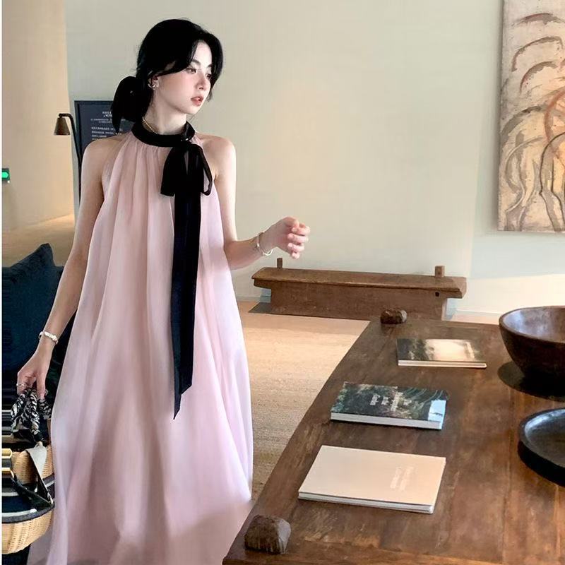 大码法式温柔风伪娘cd变装宽松系带连衣裙女装大佬无袖男娘长裙子