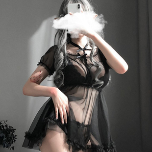 泡泡袖变装cd伪娘睡衣套装男修身女装大佬黑色网纱透视性感睡裙女