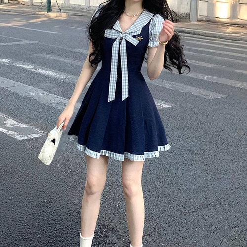 法式大码格纹拼接伪娘cos变装假两件连衣裙收腰显瘦性感男娘短裙