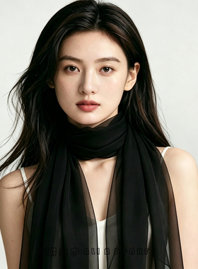 真丝雪纺黑色长巾简约丝巾女薄款通勤大气护颈装饰百搭气质纱巾