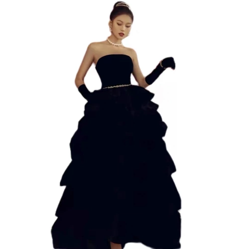 Ретро бархатное черное свадебное платье, французский стиль