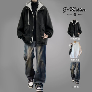 假两件连帽外套男士套装秋冬季韩版宽松毛呢大衣男装高级感穿搭潮