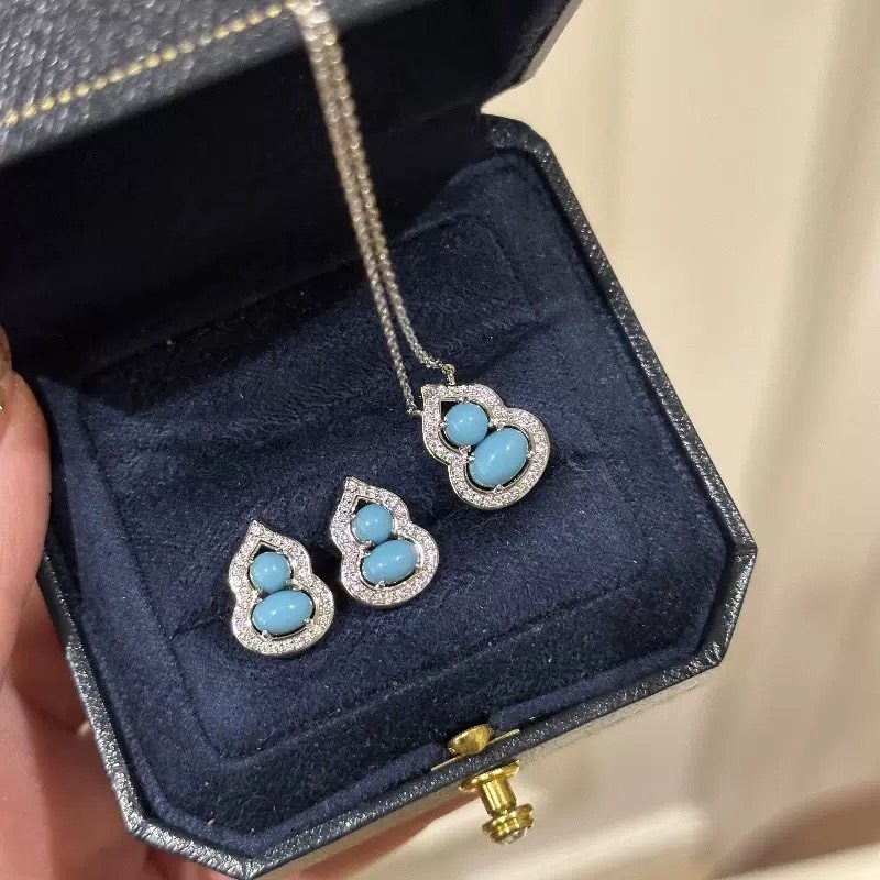 S925银复古新中式满钻绿松石葫芦项链耳钉女小众设计时尚百搭套装,饰品/流行首饰/时尚饰品新,组合套装,淘宝优惠券,粉丝福利购,淘宝优惠卷