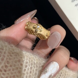 新中式复古拉丝镶钻鸢尾花戒指古法錾刻国风精致百搭气质个性指环