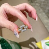 欧美时尚 潮流古巴链条排钻戒指女个性 独特气质食指戒复古轻奢指环