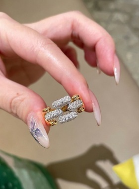 欧美时尚潮流古巴链条排钻戒指