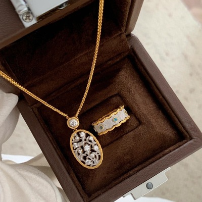 中古海蓝宝排钻戒指铃兰花项链