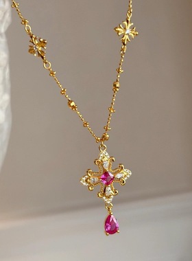 中古风十字花红宝石水滴项链