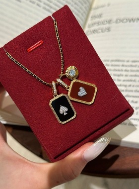 法式扑克爱心黑桃红黑贝母项链