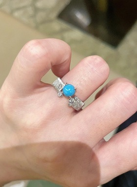 中古拉丝四爪绿松石戒指