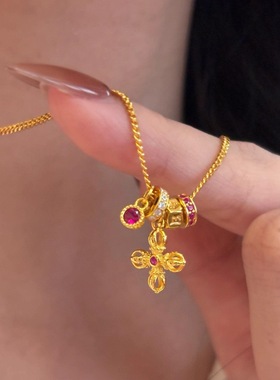 新中式十字金刚杵红钻跑环项链