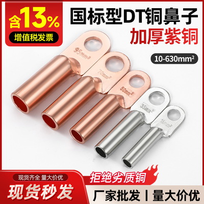 DT铜鼻子接线端子电线铜线鼻子镀锡堵油铜接头25/35/50平方铜线耳
