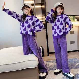 2025春秋冬季款超潮流休闲女童紫色圣诞树毛衣+紫色M字母加绒裤子