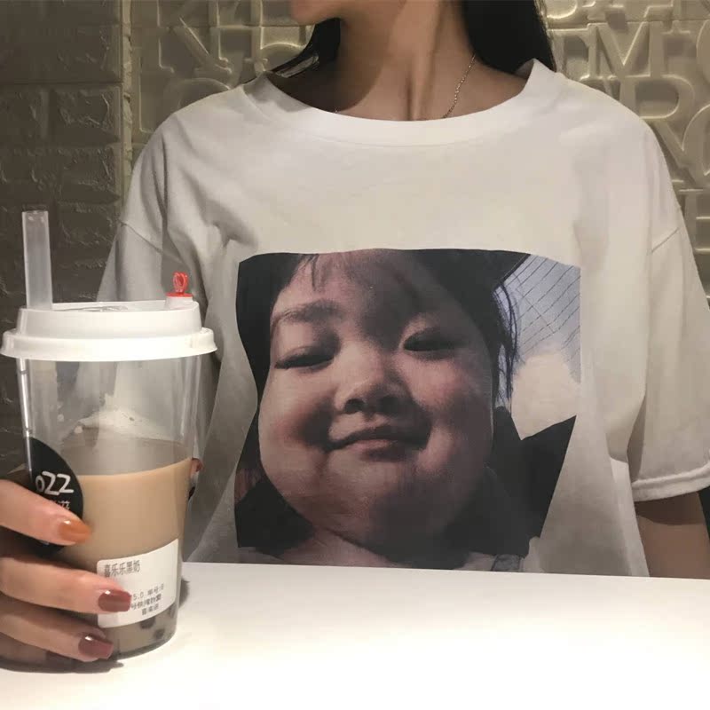 韩国网红ins超火可爱权律二印花oversize短袖男女情侣百搭宽松T恤