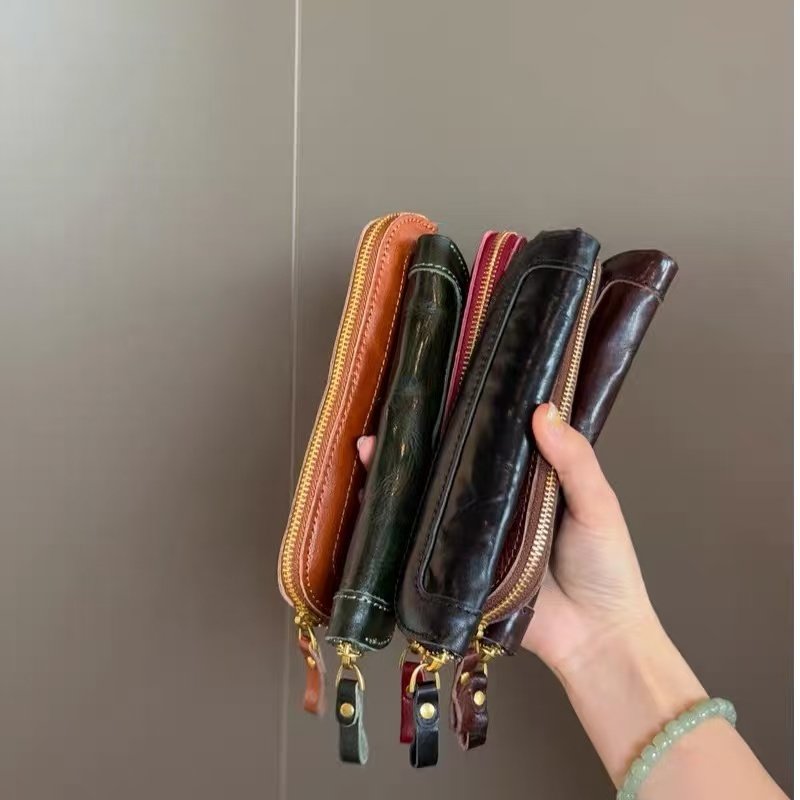 长豆夹笔袋手工真皮笔袋口红收纳头层牛皮拉链钢笔盒纯皮套