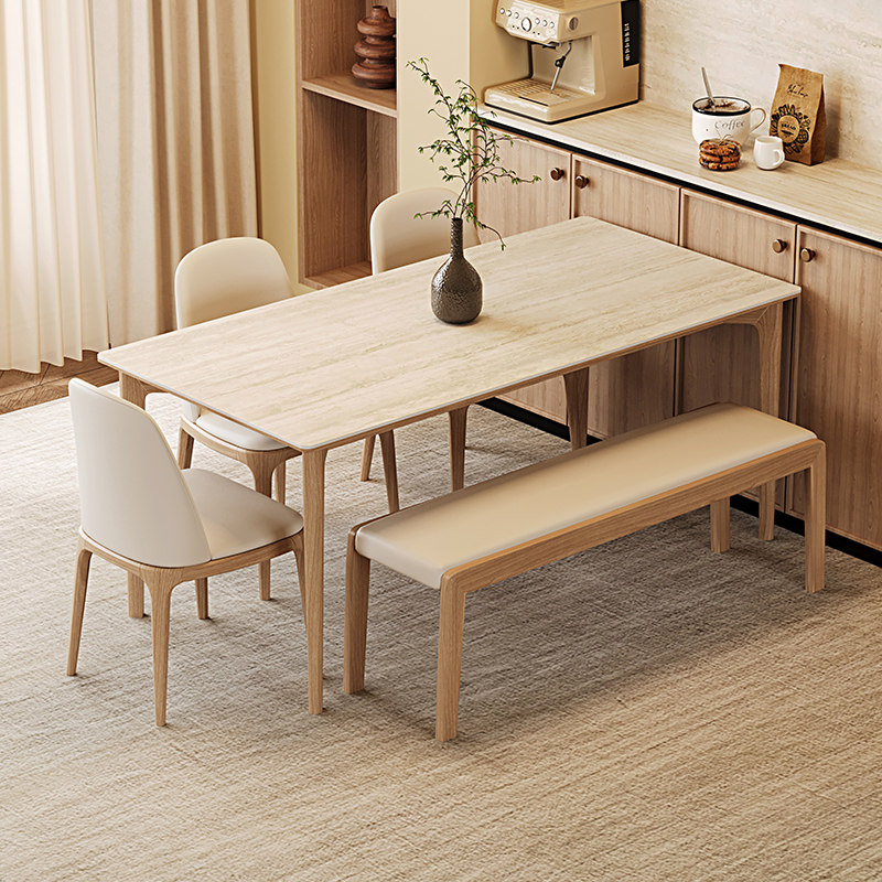 原木奶油风洞石岩板餐桌北欧日式小户型家用长方形实木餐桌椅组合