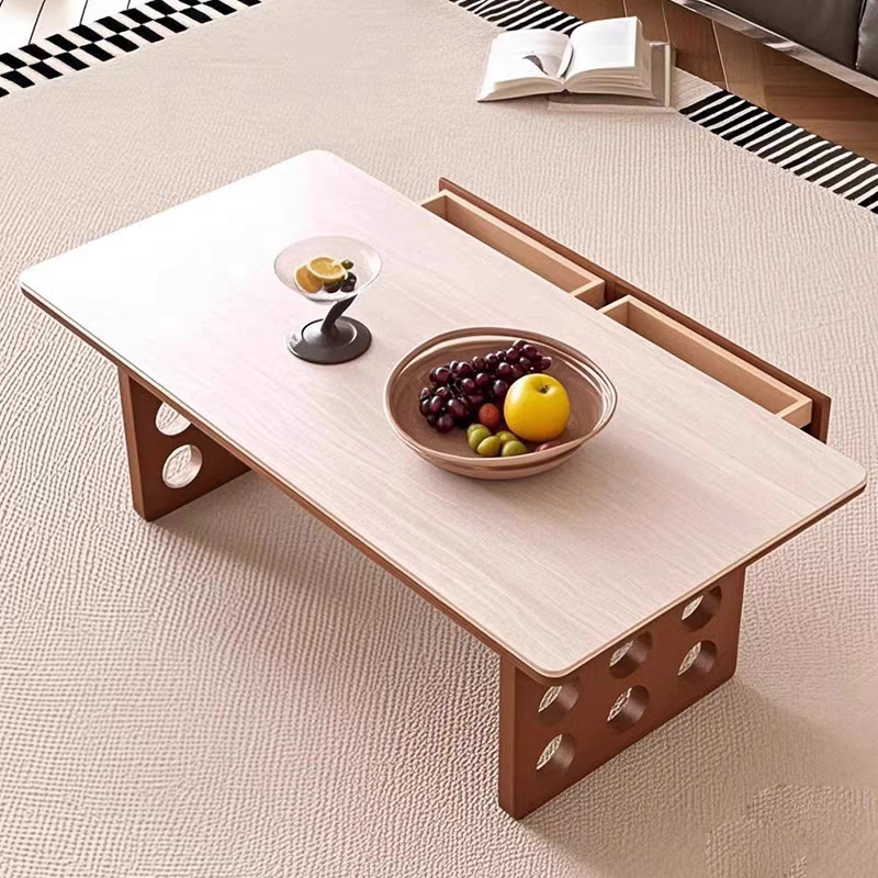 中古风洞石岩板茶几实木储物新款