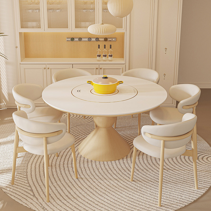 电磁炉圆桌内嵌电动转盘带暖菜板家用原木奶油风圆形实木岩板餐桌,住宅家具,岩板餐桌,淘宝优惠券,粉丝福利购,淘宝优惠卷