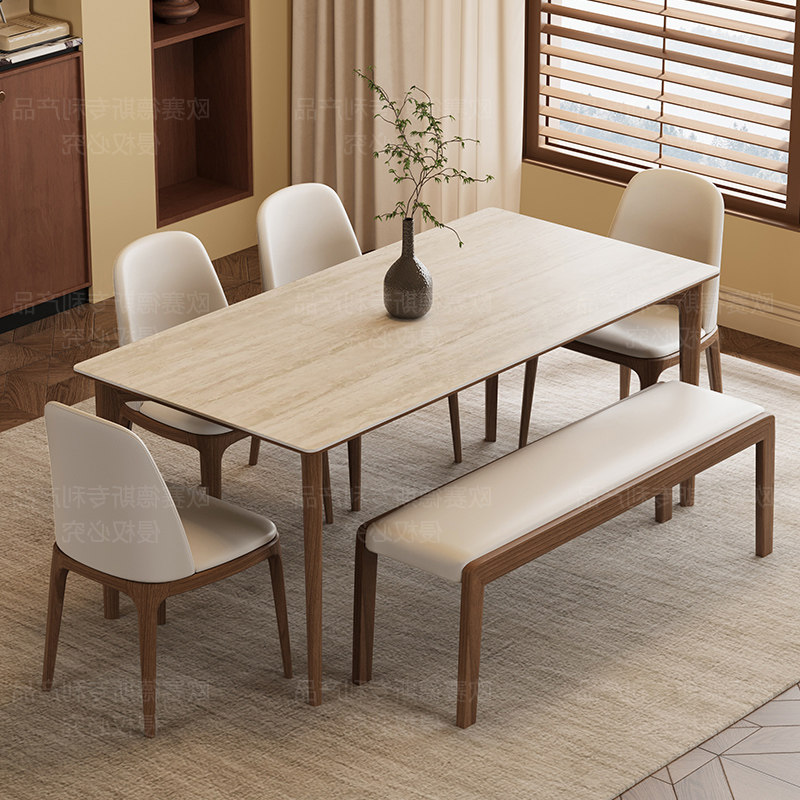 中古风洞石岩板餐桌椅组合北欧现代简约家用小户型胡桃色实木饭桌,住宅家具,岩板餐桌,淘宝优惠券,粉丝福利购,淘宝优惠卷