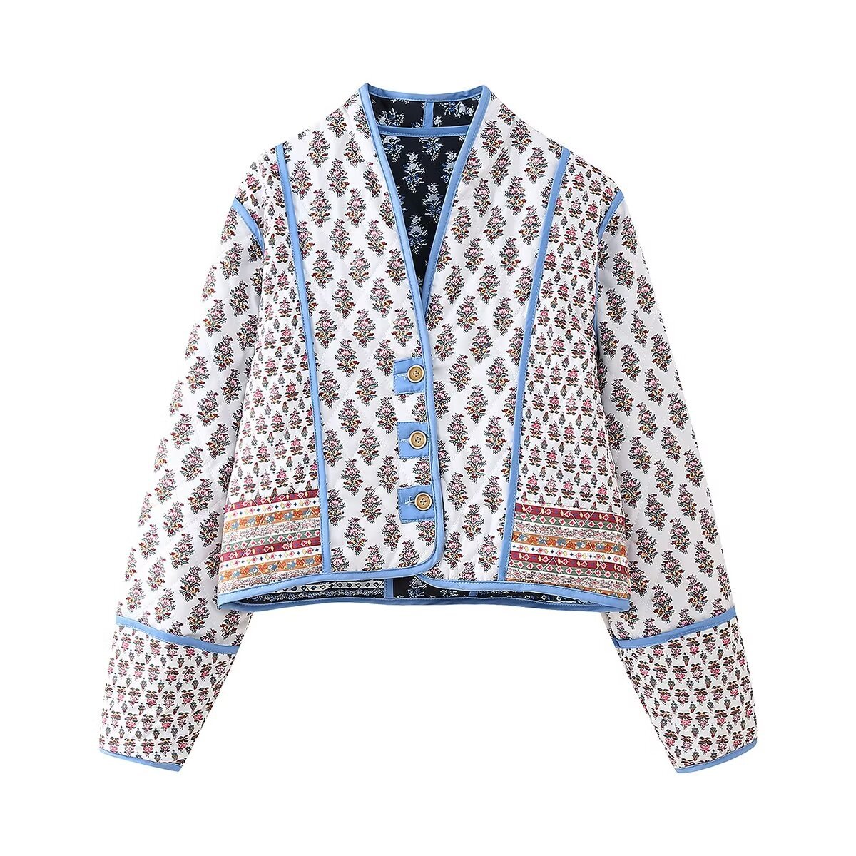 印花纽扣双面夹克外套两面穿女秋冬保暖棉服Women printed jacket