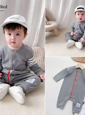 Next Red婴幼儿连体衣春秋新款灰色四道杠连体衣男女宝宝帅气爬服