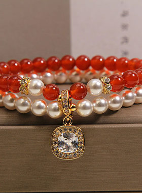 天然福禄寿双层手链珍珠复古设计感转运多宝手串百搭叠戴气质手饰
