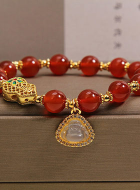 天然红玛瑙手链女轻奢小众转运珠葫芦白玉佛公本命年红色水晶手串