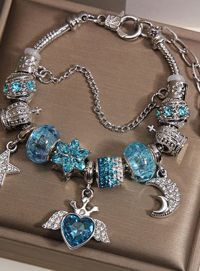 蓝色琉璃珠天使爱心吊坠手链女轻奢小众高级感星星月亮复古风手串