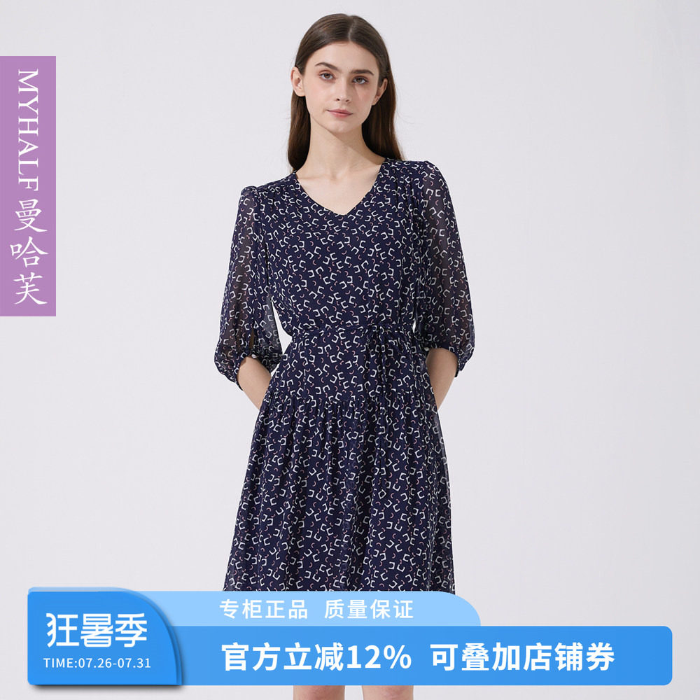 曼哈芙时尚气质优雅七分袖连衣裙印花雪纺印花A字裙显瘦中裙淑女