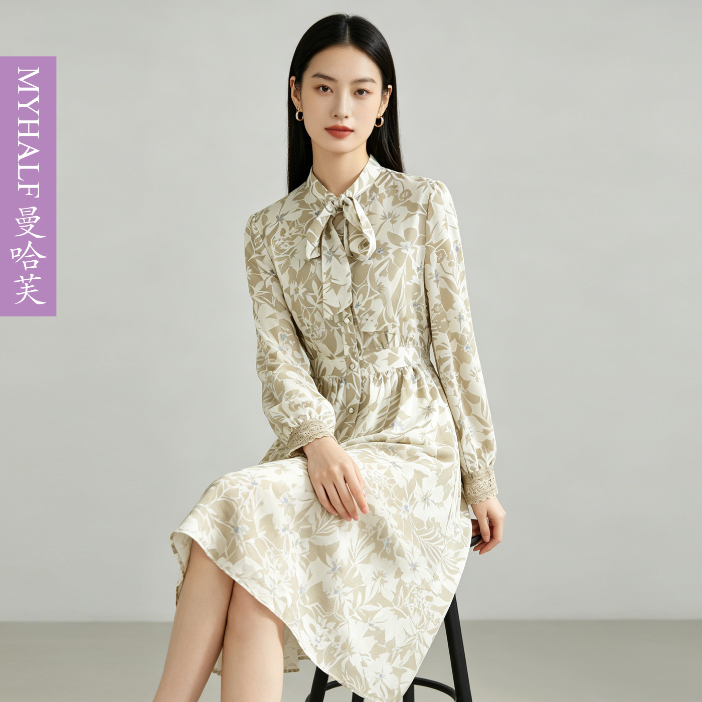 曼哈芙商场女装印花桑蚕丝连衣裙长袖领结收腰法式真丝中裙淑女裙