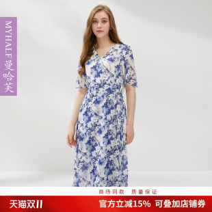 碎花连衣裙女收腰V领a字中裙气质显瘦中裙 法式 曼哈芙2024夏季 新款