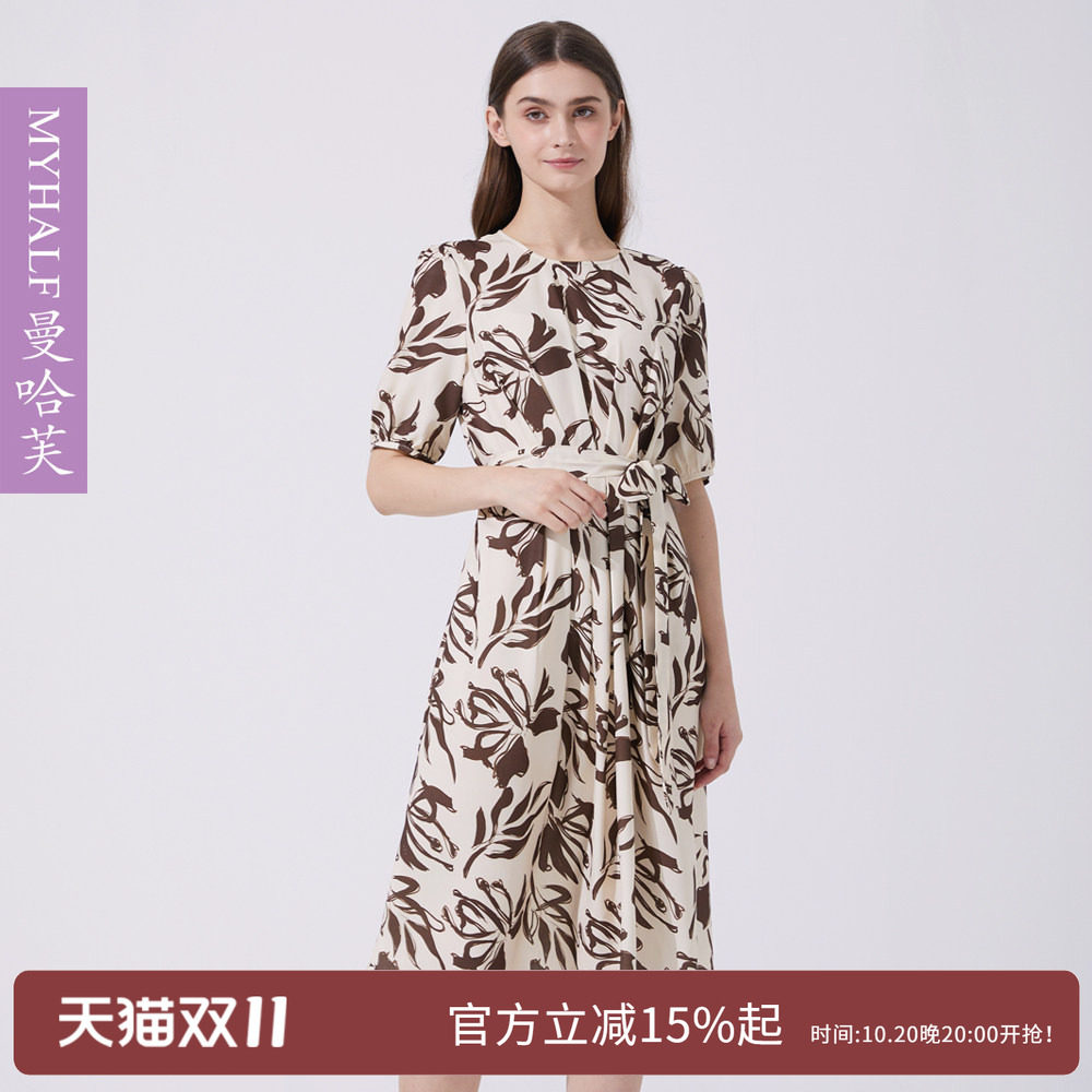 曼哈芙高端女装夏季系带圆领印花收腰减龄气质优雅连衣裙淑女中裙