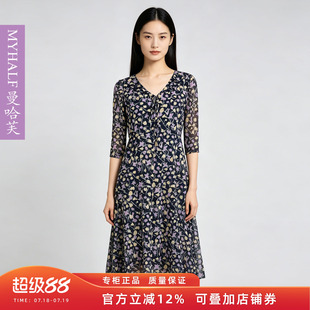 曼哈芙专柜韩版印花连衣裙七分袖修身碎花中长款高腰V领中裙