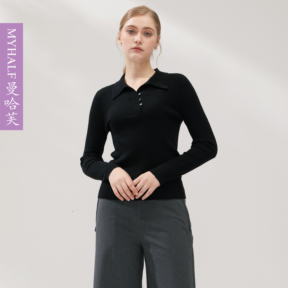 曼哈芙羊毛气质韩版翻领套头毛衣