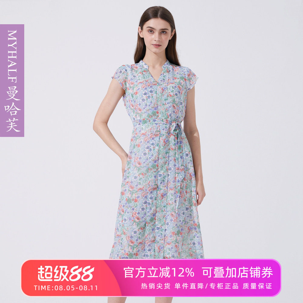 曼哈芙商场同款雪纺碎花法式连衣裙夏优雅短袖V领中长款收腰裙子