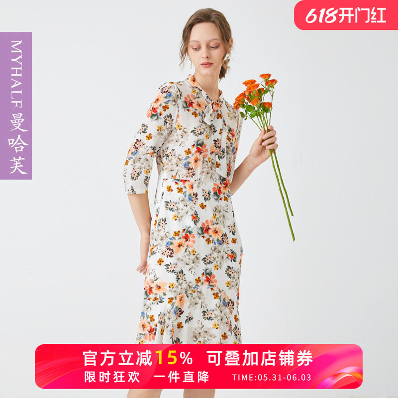 曼哈芙2023春夏新款领结真丝连衣裙时尚气质收腰中长款桑蚕丝裙子