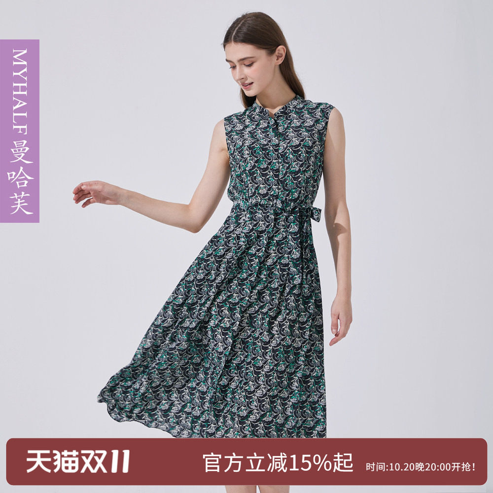 曼哈芙收腰系带小立领法式无袖真丝连衣裙气质印花气质桑蚕丝裙子