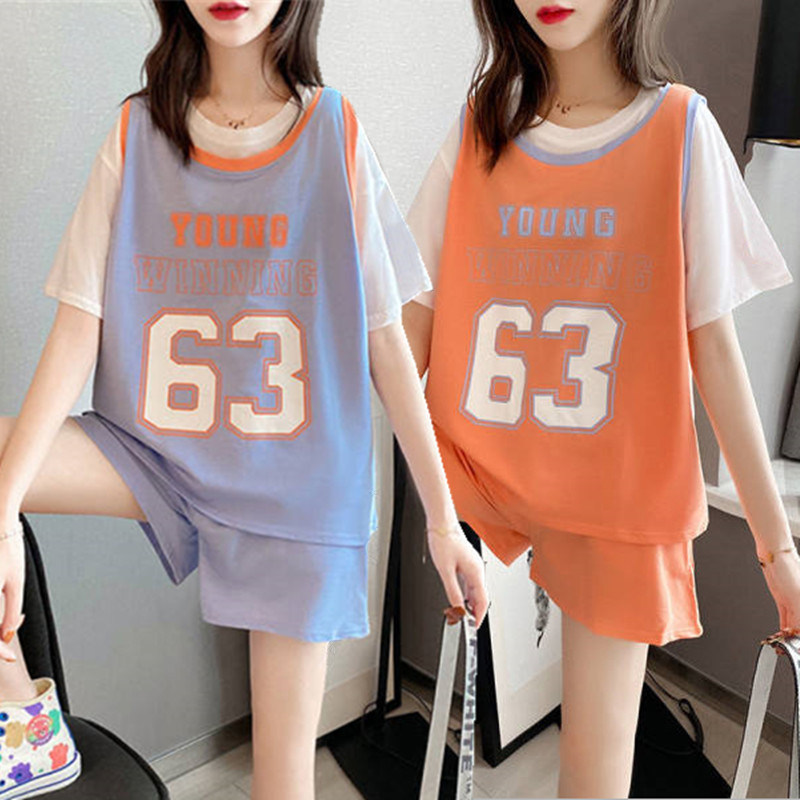 篮球服休闲运动套装女夏季学生队服跨境假两件上衣短袖短裤两件套