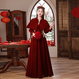 丝绒胖mm200斤修身 敬酒服2025新款 遮肚结婚回门订婚服冬 大码 长袖