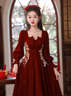 大码敬酒服新娘胖mm酒红色结婚小个子回门便装女订婚连衣裙高级感