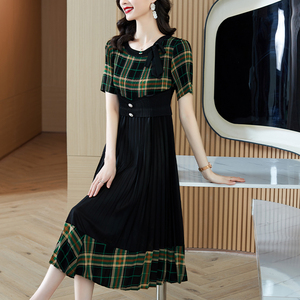 RM19020#三宅褶皱连衣裙2022夏新款蝴蝶结领大码收腰显瘦气质遮肉中长款裙