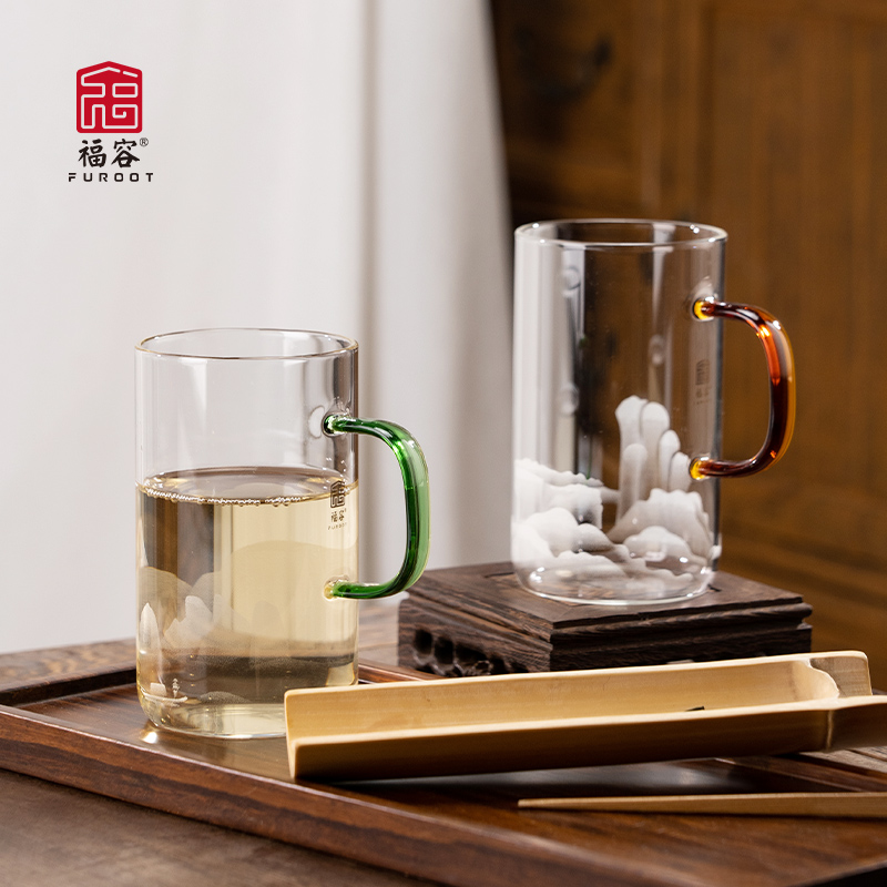 福容家用喝水玻璃防烫茶杯办公室老板杯带把手泡茶杯个人专用杯子