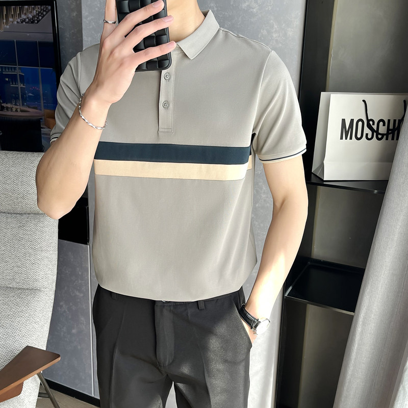 夏季新款潮牌拼接男士polo衫短袖修身半袖t恤黑A312-371P58,男装T恤,电商B285