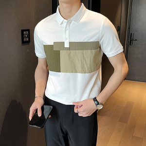 夏季新款潮牌拼接男士polo衫短袖修身翻领半袖白B285-365P58图片