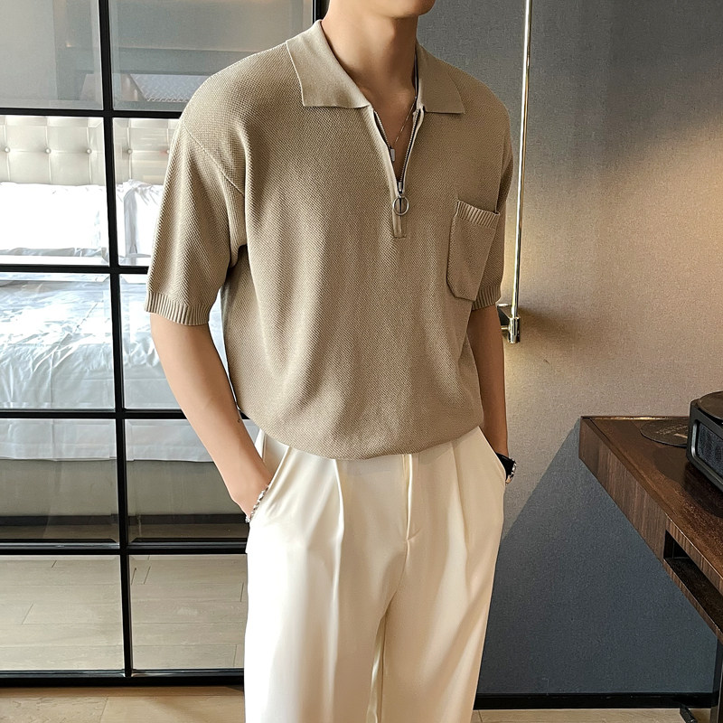 夏季针织polo衫短袖冰丝型男半袖t恤宽松针织衫黑B285-392P78,男装T恤,电商B285