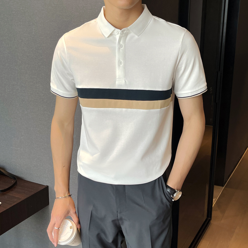 夏季新款潮牌拼接男士polo衫短袖修身半袖t恤白A312-371P58，男装T恤，电商B285