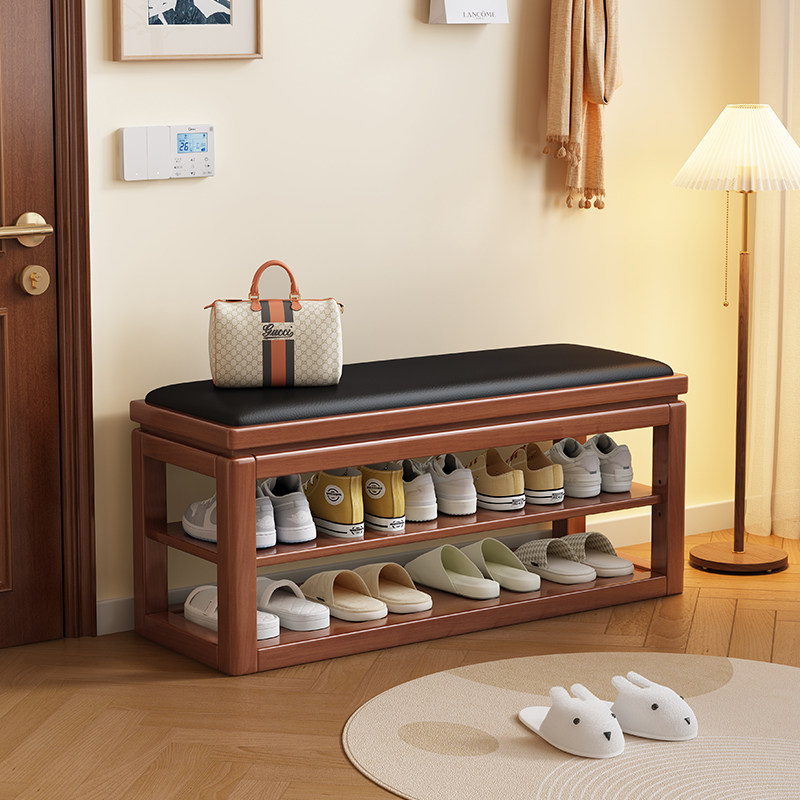 全实木换鞋凳家用门口进门软包穿鞋凳鞋柜一体玄关可坐多层鞋架子